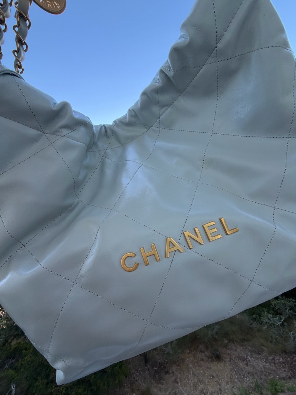 CHANEL Quilted Hobo Bag in RARE Pale Grey/Blue with Gold Hardware